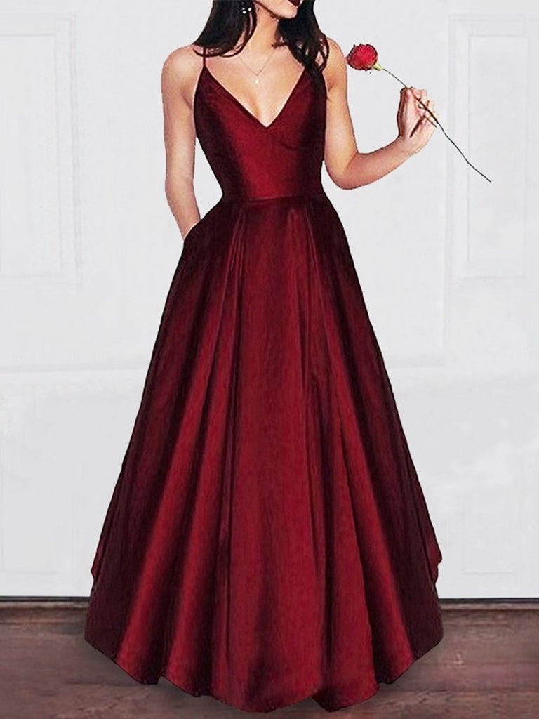 Burgundy V-Neck Sleeveless Prom Dresses, A-Line Formal Dresses