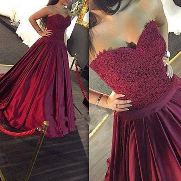 A-Line Sweetheart Sweep Train Burgundy Prom Dress with Lace, Maroon Prom Gown, Formal Dress