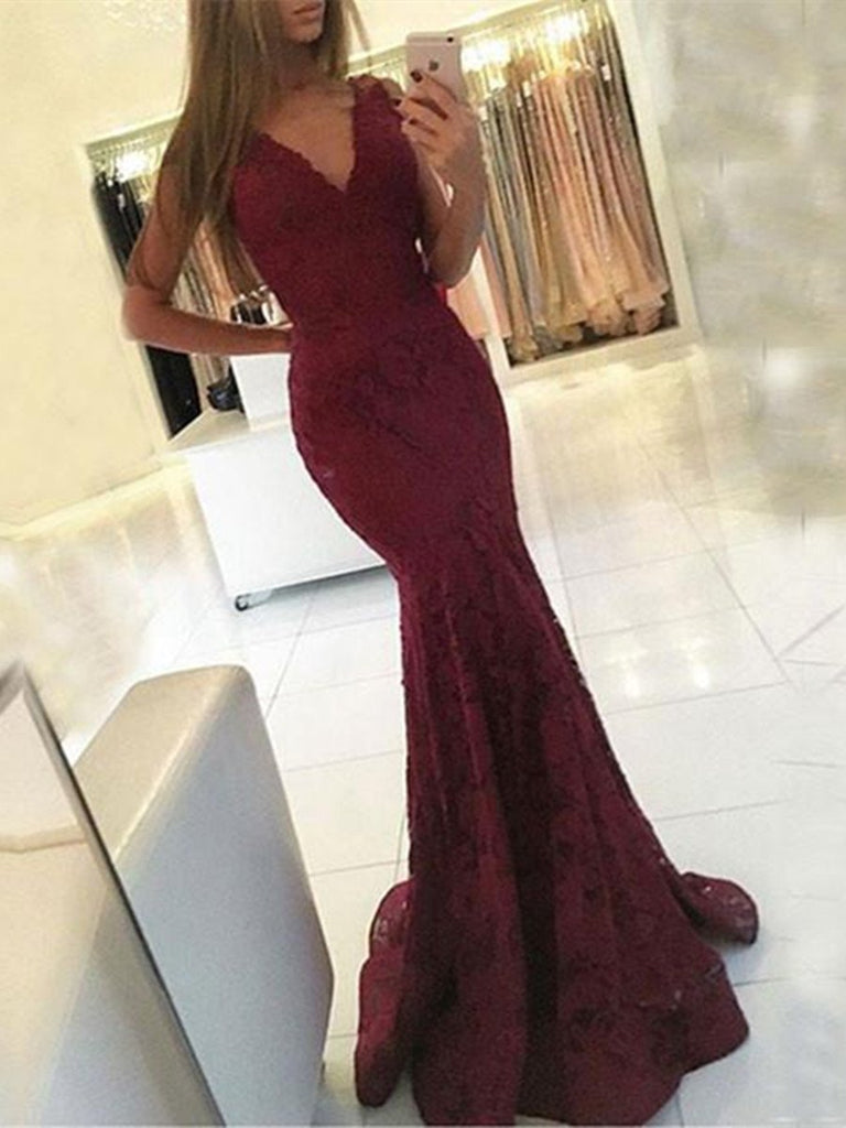 Sexy V Neck Mermaid Maroon Lace Prom Dress, Lace Formal Dress, Lace Mermaid Bridesmaid Dress