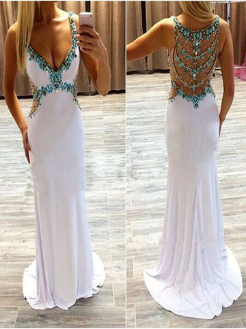 Custom Made A Line V Neck Sleeveless White Long Prom Dresses, White Long Formal Dresses