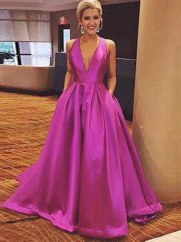 V-neck Sweep Train Prom Dresses, Sleeveless Fuchsia Evening Dress