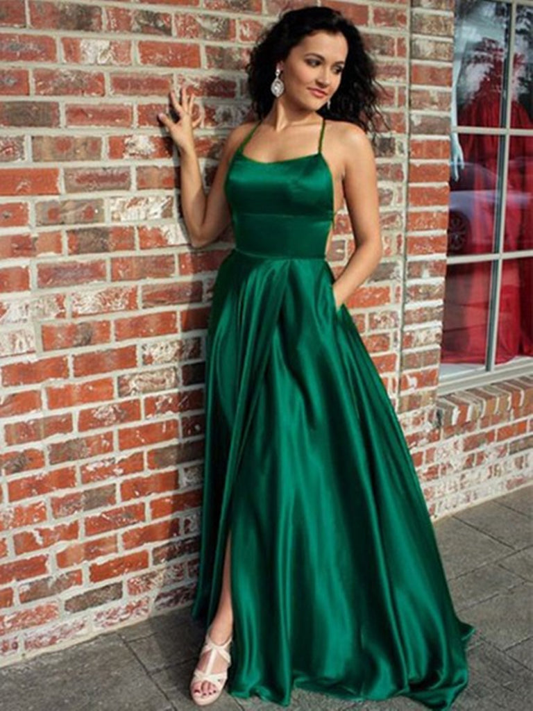 Green A Line Scoop Neck Split Front Prom Dresses, Pockets Formal Dresses Green A Line Scoop Neck Split Front Prom Dresses, Pockets Formal Dresses