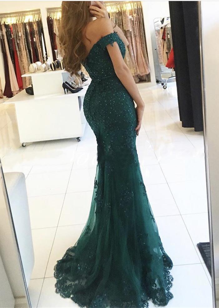 Emerald Green Off Shoulder Mermaid Lace Prom Dress, Emerald Green Form morievent Emerald Green Off Shoulder Mermaid Lace Prom Dress, Emerald Green Form morievent