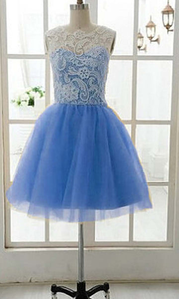 Custom Made A Line Round Neck Short Blue Lace Prom Dress, Short Lace Bridesmaid Dress, Homecoming Dress