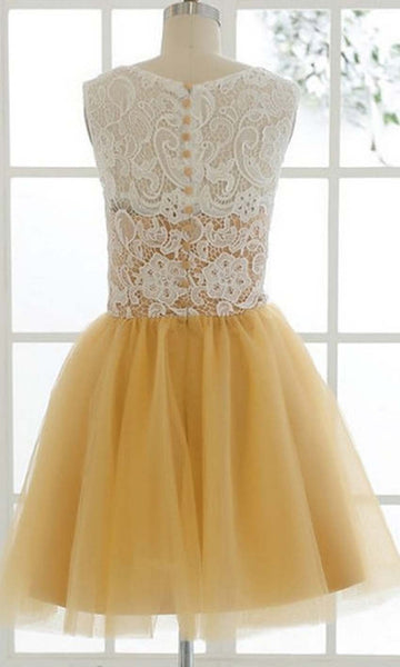 Custom Made A Line Round Neck Short Yellow Lace Prom Dress, Short Lace Bridesmaid Dress, Homecoming Dress