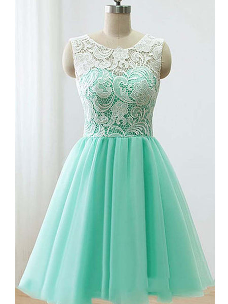 Custom Made A Line Round Neck Short Green/Yellow/Blue Lace Prom Dress, Short Lace Bridesmaid Dress, Homecoming Dress