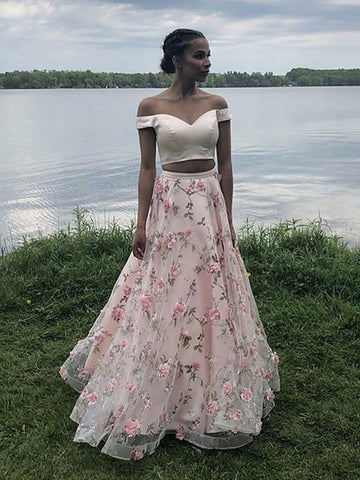 Off Shoulder Two Pieces Appliques Prom Dresses, Off Shoulder Formal Evening Dresses