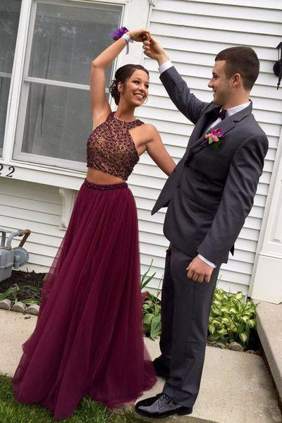 Custom Made A Line Round Neck 2 Pieces Maroon Prom Dresses, 2 Pieces Maroon Formal Dresses