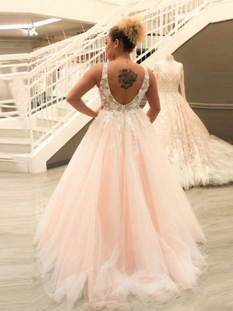 V Neck Pink Backless Lace Appliques Prom Dresses, V Neck Pink Lace For morievent V Neck Pink Backless Lace Appliques Prom Dresses, V Neck Pink Lace For morievent