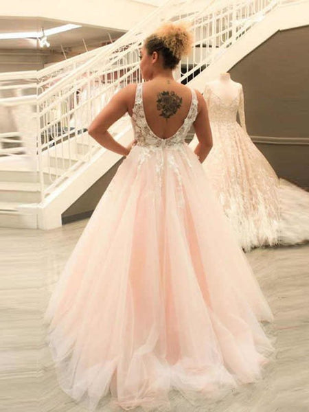V Neck Pink Backless Lace Appliques Prom Dresses, V Neck Pink Lace  Formal  Evening Dresses