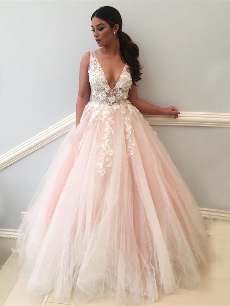 V Neck Pink Backless Lace Appliques Prom Dresses, V Neck Pink Lace For – morievent