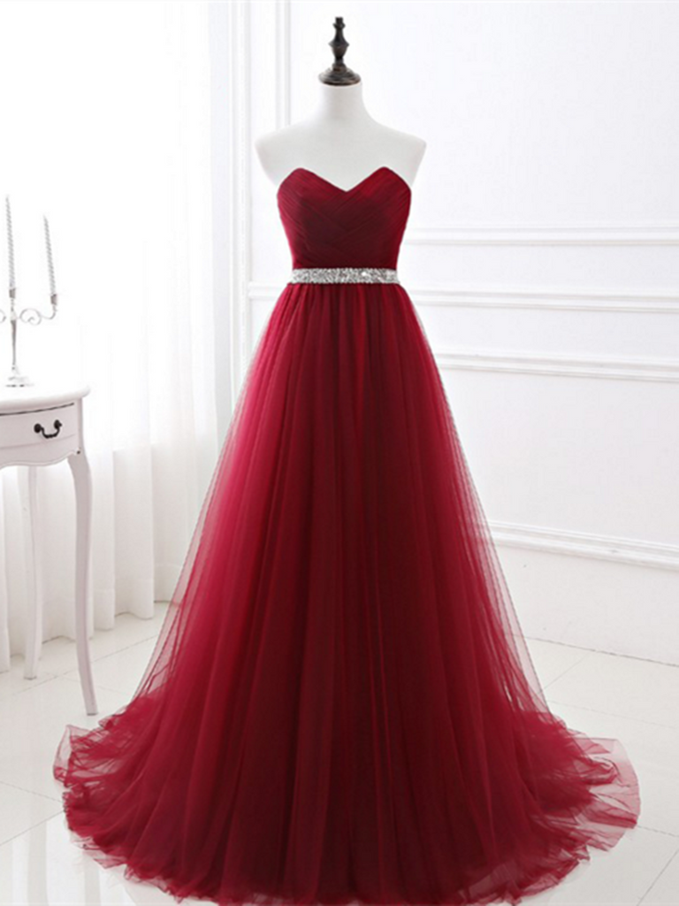 maroon graduation dress Sweetheart Neck Red A-line Long Evening Prom Dresses, Red Formal Dress – morievent