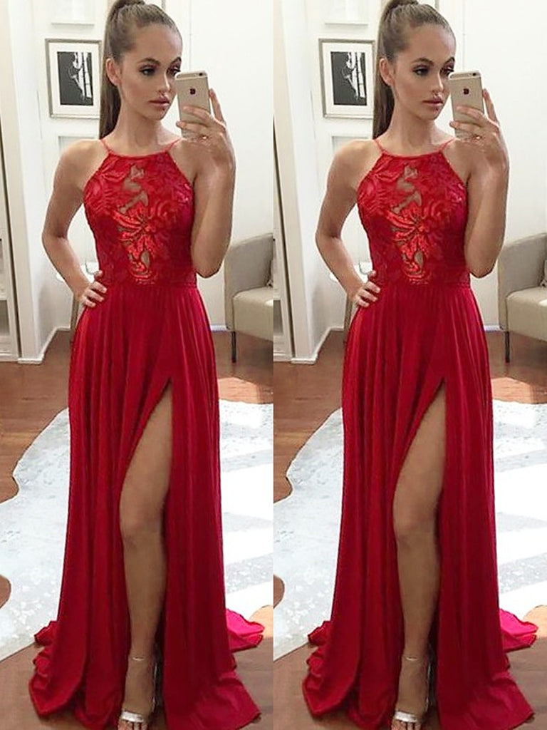 A-Line Halter Red Halter High Slit Prom Dresses, Sexy Formal Dresses 
