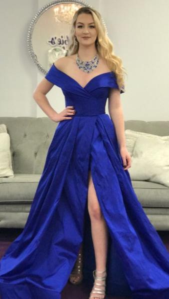 Royal Blue Sweetheart Slit Prom Dresses, Off Shoulde Formal Dresses, Off Shoulde Ball Gown