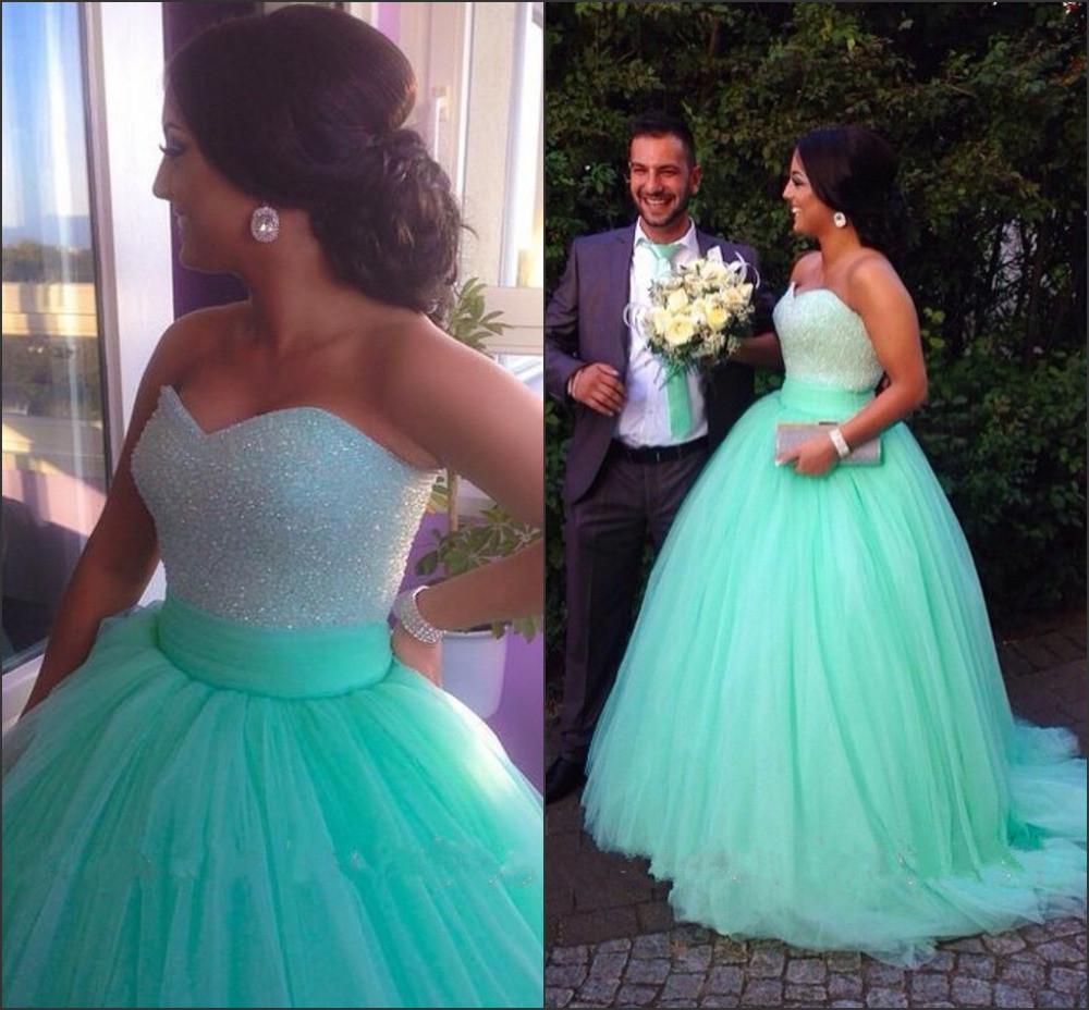 strapless open back dress Sweetheart Neck Sweep Train Ball Gown, Green Prom Dresses – morievent