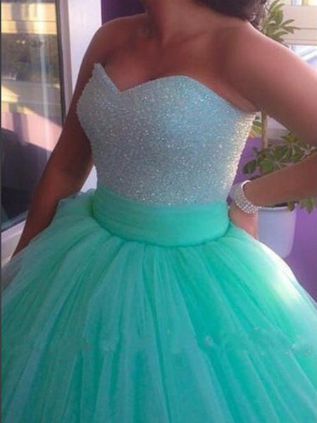 Sweetheart Neck Sweep Train Ball Gown, Green Prom Dresses