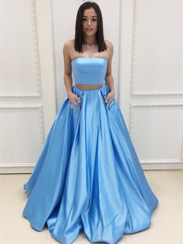 Two Piece Strapless Blue Long Prom Dresses with Beading Pockets, Two Pieces Blue Formal Evening Dresses