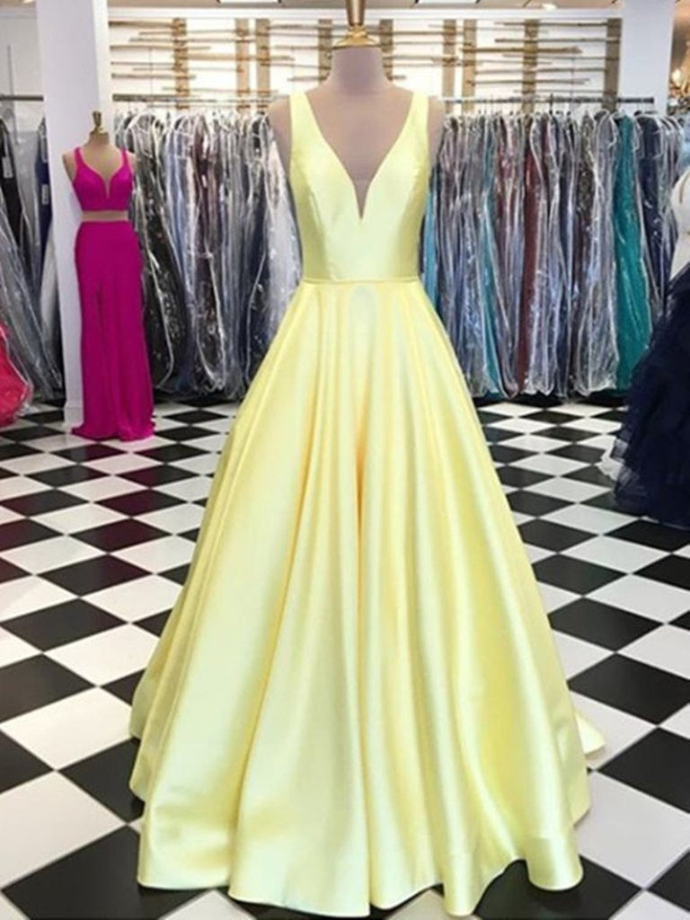 gold dresses for graduation Simple V Neck Yellow Prom Dresses, Yellow Formal Dresses, Graduation D – morievent