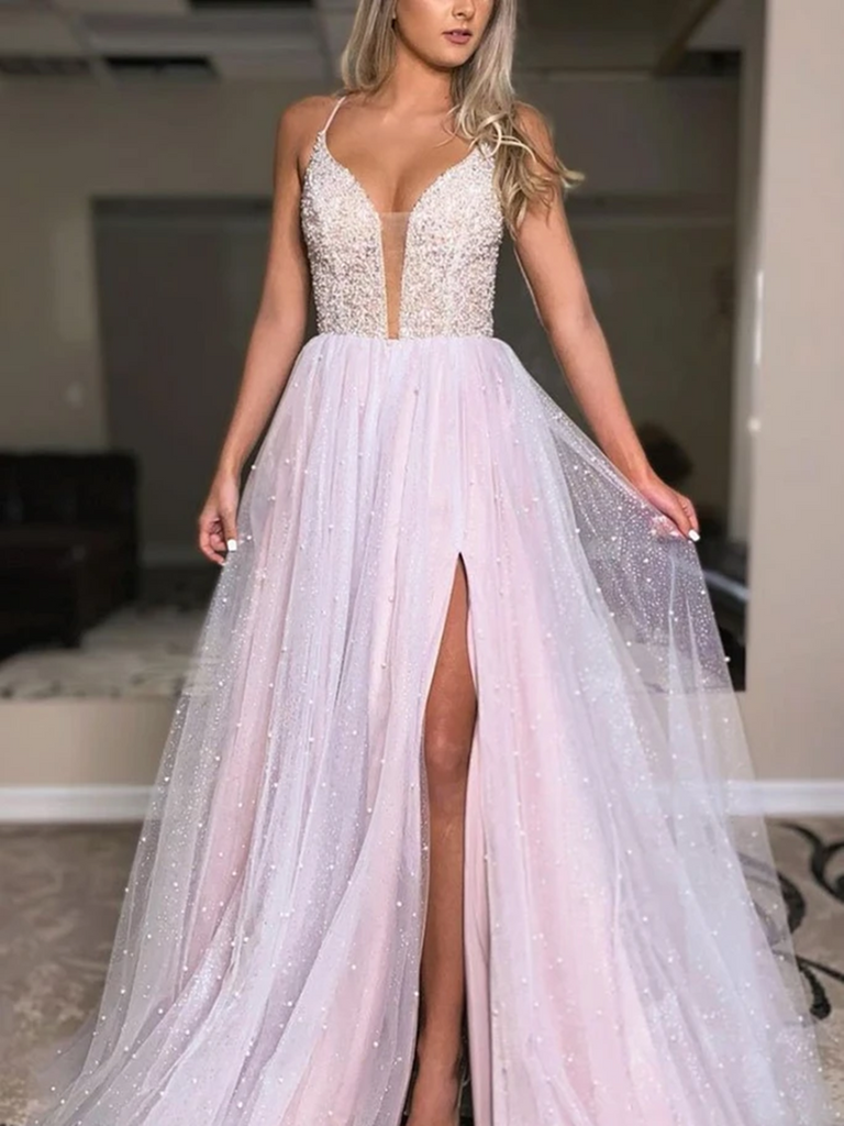 Deep V Neck Light Pink Backless Beaded Long Prom Dresss, Shiny Open Ba morievent Deep V Neck Light Pink Backless Beaded Long Prom Dresss, Shiny Open Ba morievent