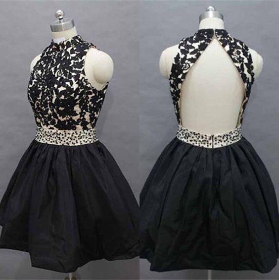 Custom Made Round Neck Backless Black Short Lace Prom Dresses, Short Lace Graduation Dresses, Homecoming Dresses