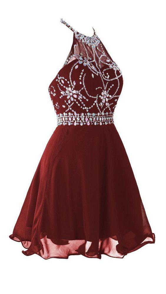 A Line Halter Neck Short Backless Burgundy Prom Dress, Backless Burgun morievent A Line Halter Neck Short Backless Burgundy Prom Dress, Backless Burgun morievent