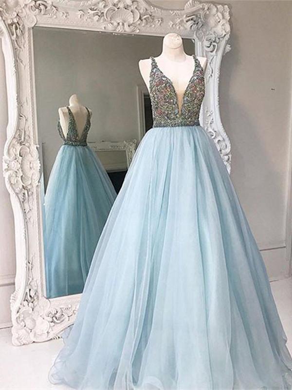 Custom Made Light Blue V Neck Open Back Prom Dresses, V Neck Formal Dresses