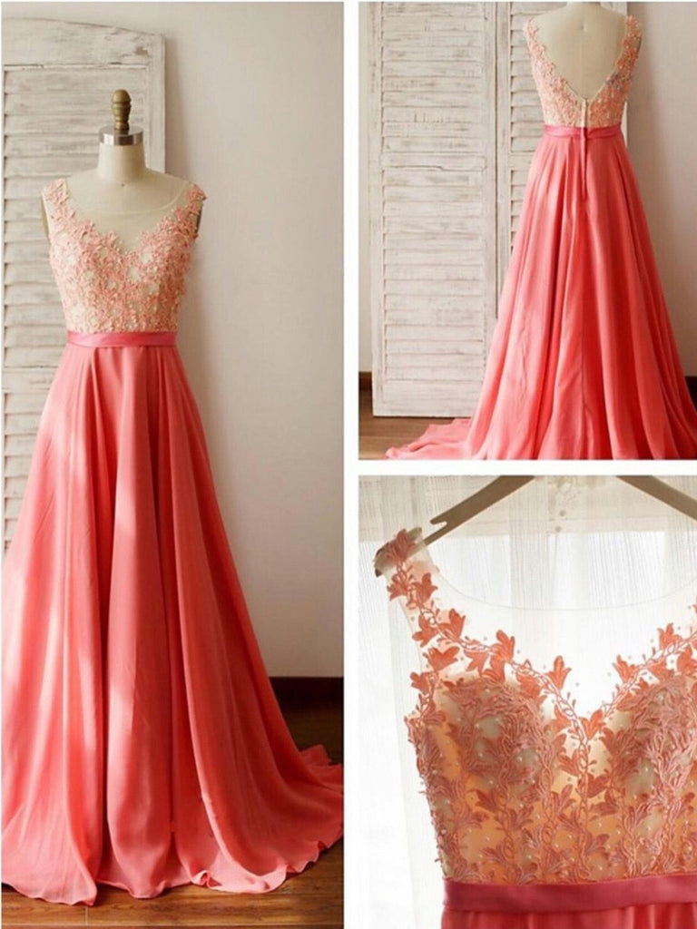 A Line Round Neck V Neck Back Long Lace Coral Prom Dress Long Lace Formal Dresses Evening Dresses Bridesmaid Dresses