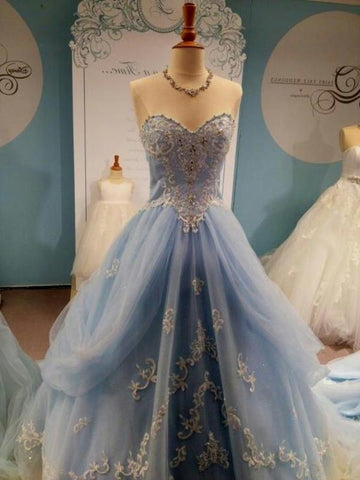 Custom Made Sweetheart Neck Light Blue Wedding Dresses, Prom Dresses, Formal Dresses with Lace Flower
