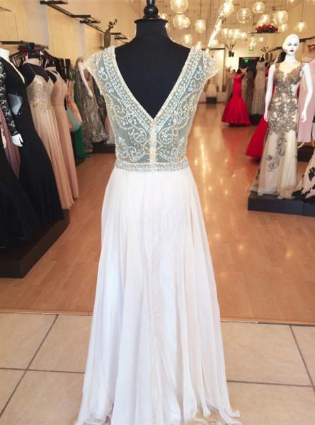 A Line Round Neck Cap Sleeves Floor Length Prom Dress, Cap Sleeves Formal Dresses Back