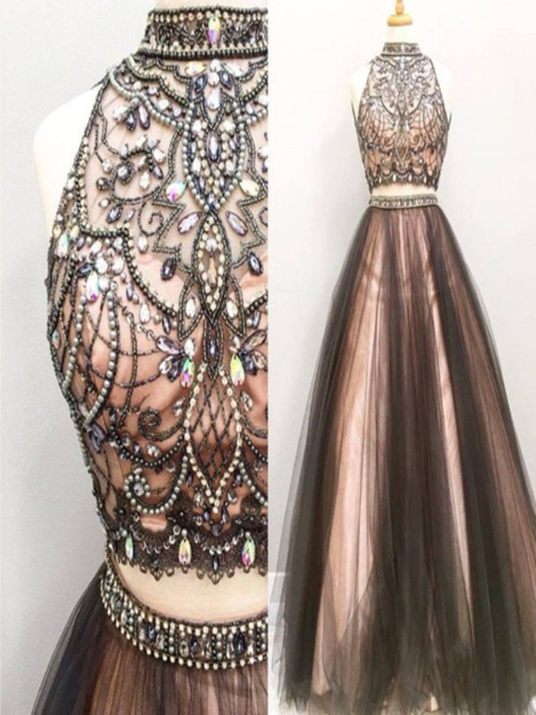 Custom Made High Neck 2 Pieces Prom Dresses, 2 Pieces Formal Dresses