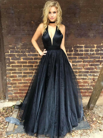 A Line Deep V Neck Black Prom Dress with Train, Black V Neck Graduation Dress