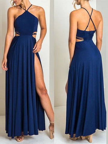 Sexy High Slit Blue Backless Prom Dresses, Sleeveless Formal Dresses, Halter Neck Evening Dress