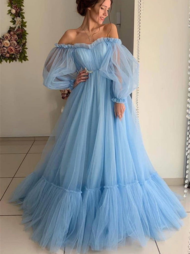 Blue tulle long prom dress, blue tulle evening graduation dress