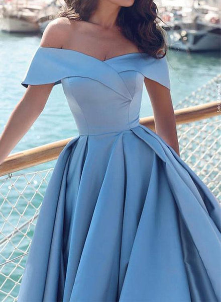 Custom Made Off Shoulder Blue Prom Gown with Slit, Blue Formal Dress with Sweep Train