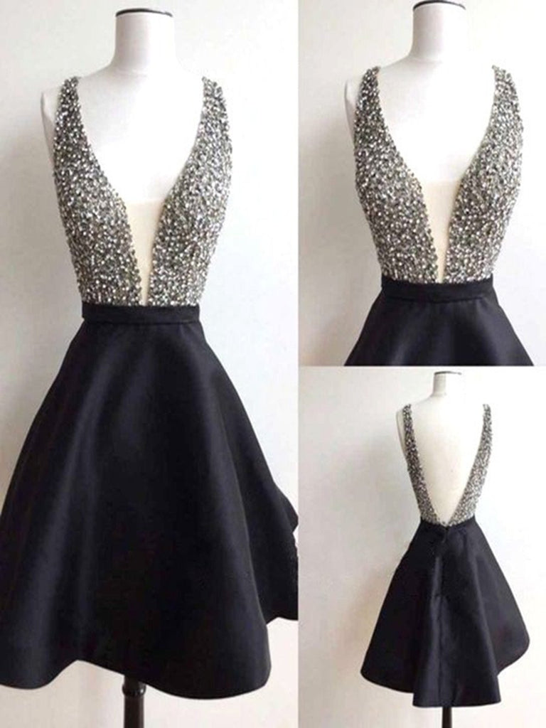 Short Black V Neck Prom Dresses with Beaded Bodice, Black Short Homecoming Dresses, Graduation Dresses