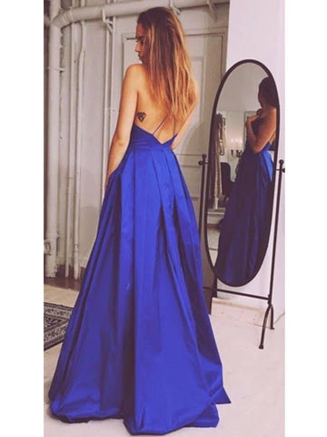 Custom Made A Line V Neck Backless Long Blue Prom Dress, Formal Dresses