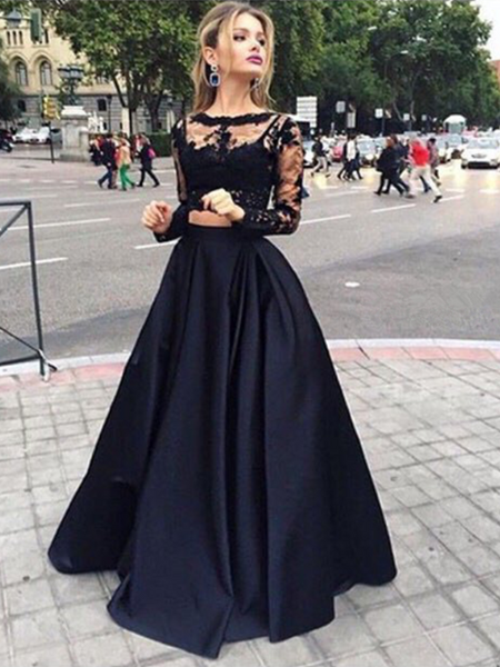 Custom Made Round Neck Long Sleeves 2 Pieces Black Lace Prom Dresses, Black Lace Formal Dresses