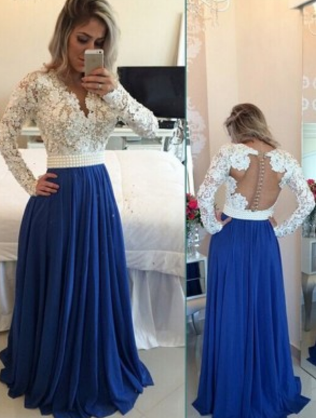 Custom Made A Line Long Sleeves White and Blue Lace Prom Dresses, Lace Formal Dresses Details