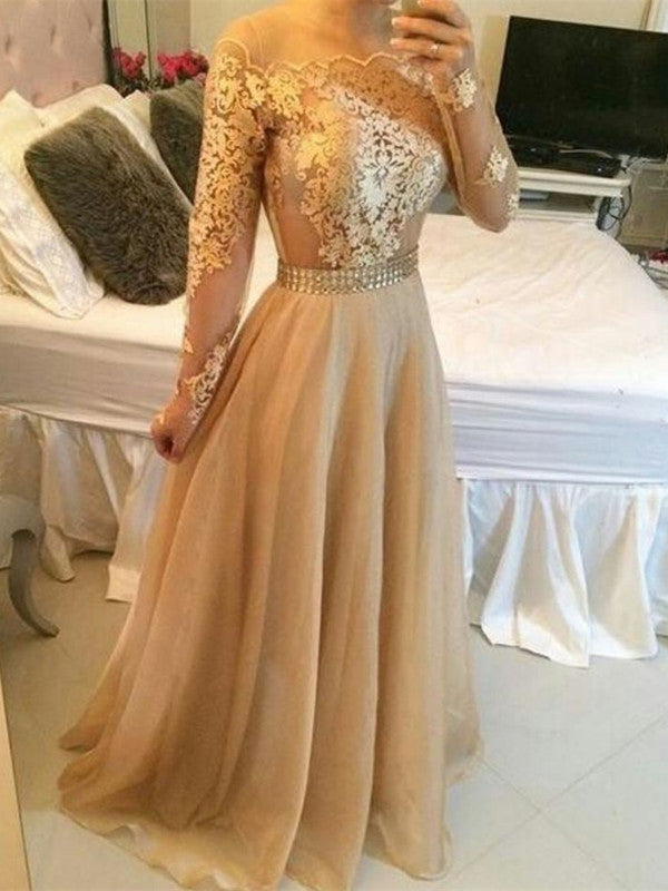 Custom Made Golden Long Sleeves Lace Prom Dresses, Golden Lace Formal Dresses