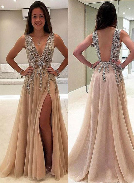 Sexy A Line V-neck Rhinestone Prom Dress with Slit, V Neck Graduation Dress