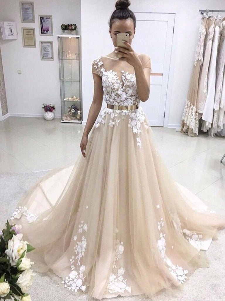 Champagne Round Neck Cap Sleeves Sweep Train Lace Prom Dress, Champagn morievent Champagne Round Neck Cap Sleeves Sweep Train Lace Prom Dress, Champagn morievent