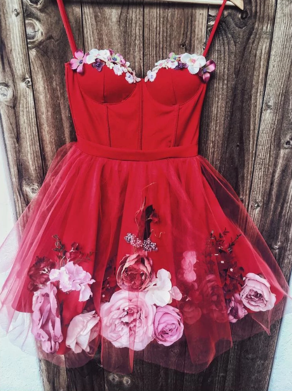 Sweetheart Neck Red Short 3D Floral Prom Dresses Red Floral Short Formal Homecoming Dresses