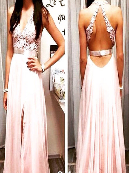 Custom Made Halter Pink V Neckline Backless Long Prom Dresses, Pink Backless Formal Dresses, Bridesmaid Dresses