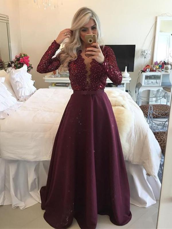 Custom Made A Line V Neck Long Sleeves Maroon Prom Dresses, Maroon Formal Dresses