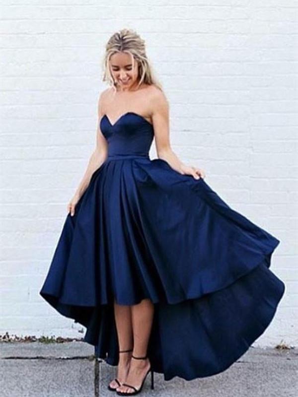 Sweetheart Neck High Low Dark Blue Prom Dress, Dark Blue High Low Formal Dress, Graduation Dress