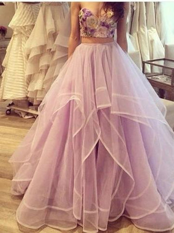 A Line V Neck Purple Tulle High Low Prom Dresses, High Low Purple Tulle  Long Formal Evening Dresses