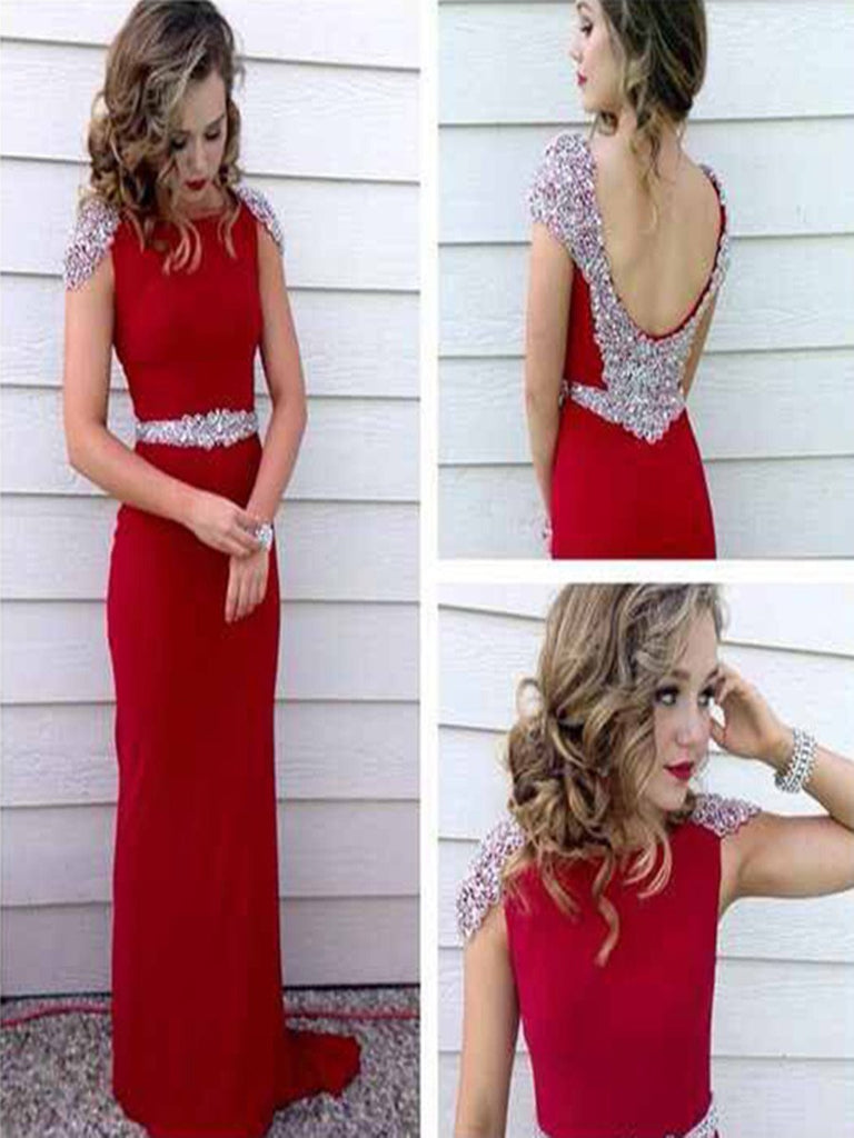 Custom Made A Line Round Neck Cap Sleeves Red Long Prom Dress,  Long Formal Dress