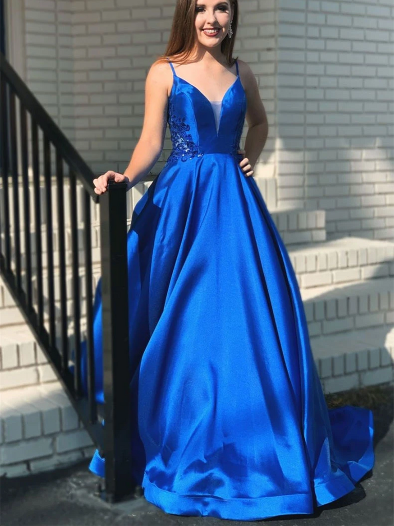 V Neck Blue Satin Long Prom Dresses, V Neck Blue Satin Long Formal Eve morievent V Neck Blue Satin Long Prom Dresses, V Neck Blue Satin Long Formal Eve morievent