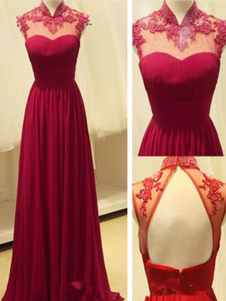 Custom Made A Line High Neck Backless Prom Dresses, Long Formal Dress