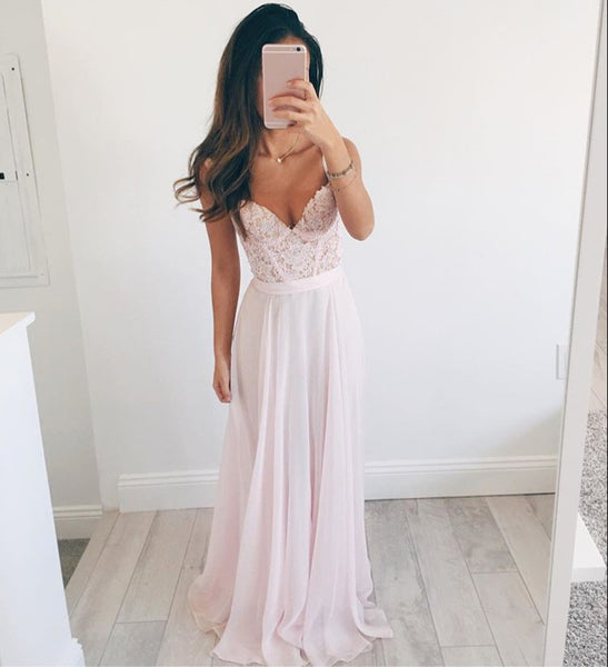 A Line Sweetheart Neck Light Pink Long Lace Prom Dress, Light Pink Lace Formal Dress, Bridesmaid Dress